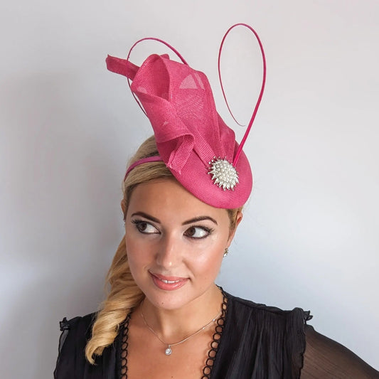 Fuchsia pink pearl fascinator hat House of Hats