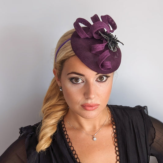 Dark plum purple flower fascinator hat