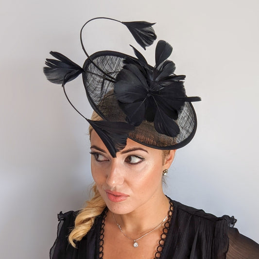 Black feather saucer disc fascinator hat