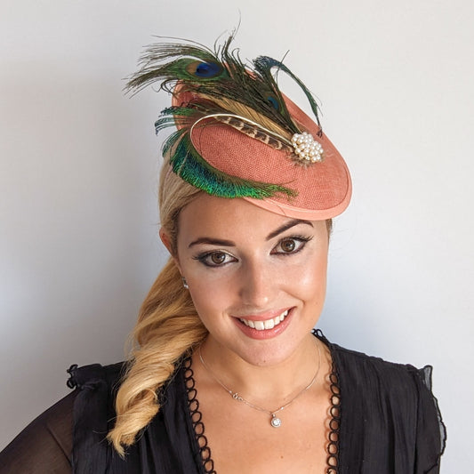 Terracotta dusty pink peacock feather disc saucer fascinator hat