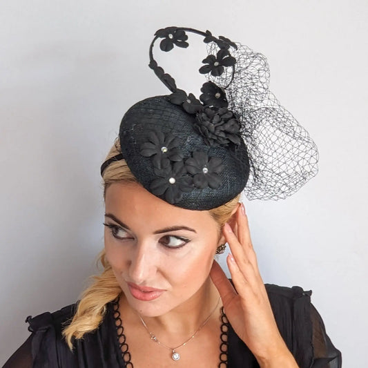 Black flower fascinator hat House of Hats