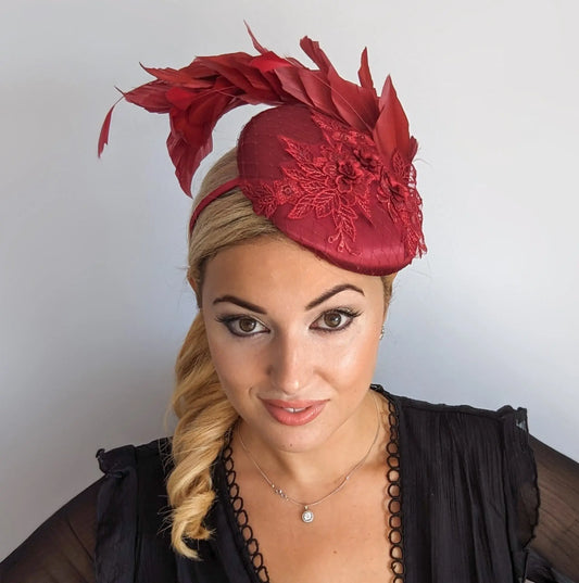 Burgundy feather lace satin fascinator hat House of Hats