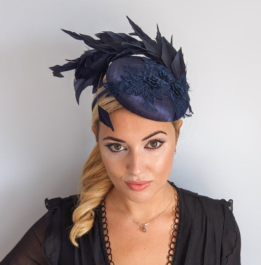 Navy blue feather lace satin fascinator hat