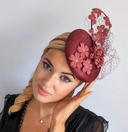 Burgundy flower fascinator hat House of Hats