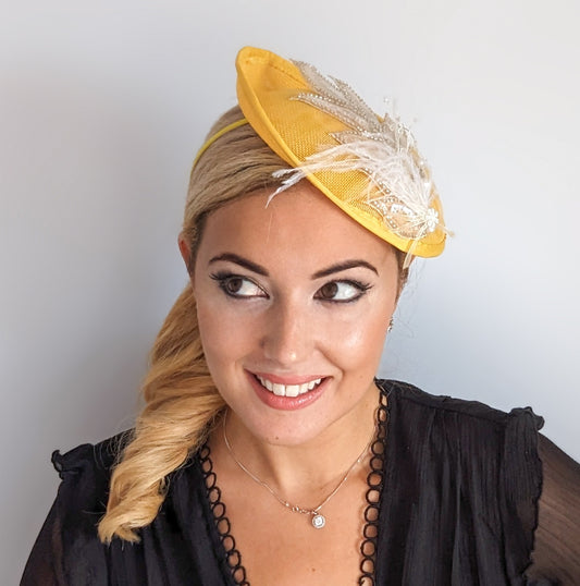 Yellow crystal feather disc saucer fascinator hat
