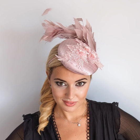 Blush pink feather lace satin fascinator hat House of Hats