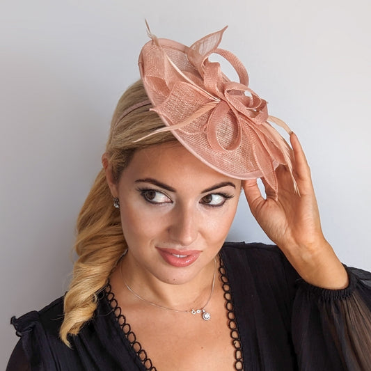 Blush pink feather teardrop fascinator hat
