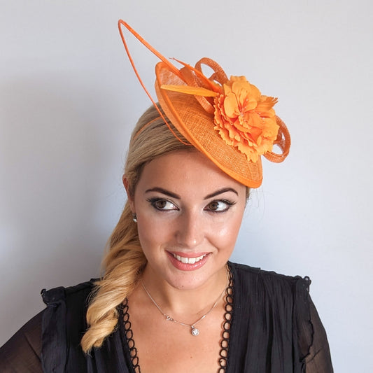 Orange flower fascinator disc saucer hat