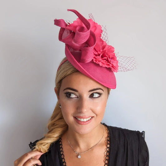 Fuchsia pink flower fascinator disc saucer hat House of Hats