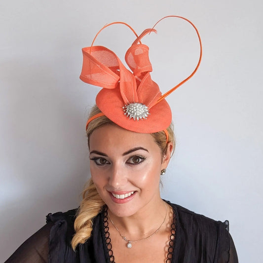 Coral orange pearl fascinator hat House of Hats