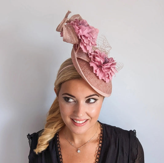 Blush pink flower fascinator disc saucer hat House of Hats