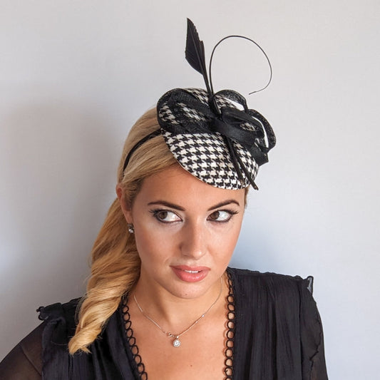 Black and white houndstooth feather fascinator hat