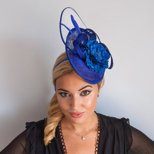 Royal cobalt blue flower feather disc saucer fascinator hat