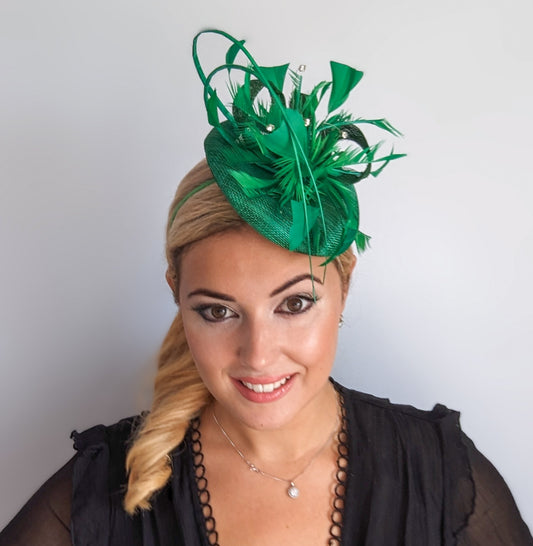 Pine green crystal feather fascinator hat