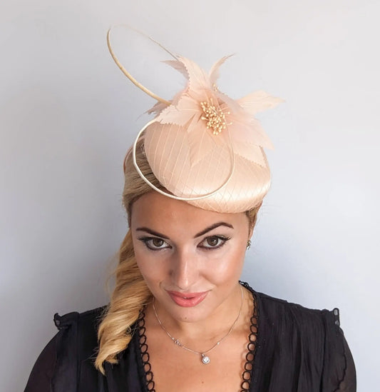Peach feather satin fascinator hat House of Hats