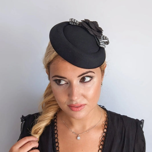 Black camellia flower small pillbox fascinator hat House of Hats