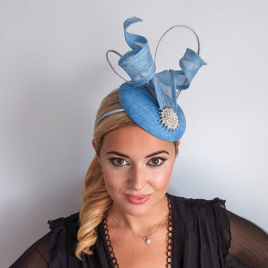 Light cornflower blue pearl fascinator hat