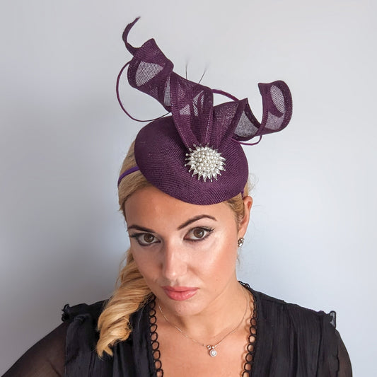 Dark plum purple pearl fascinator hat