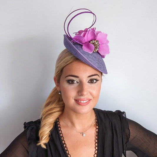 Lavender light purple flower disc saucer fascinator hat House of Hats