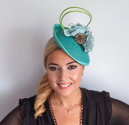 Seafoam mint green flower disc saucer fascinator hat House of Hats