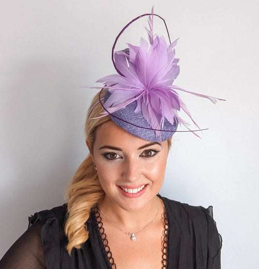 Lavender and lilac purple feather fascinator hat House of Hats