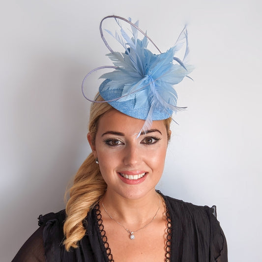 Light cornflower blue feather fascinator hat