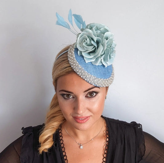 Light cornflower blue beaded flower fascinator hat House of Hats
