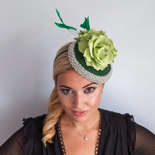 Forest green beaded flower fascinator hat House of Hats