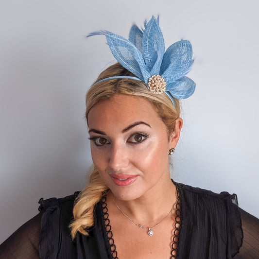 Light cornflower blue feather petal fan fascinator hat