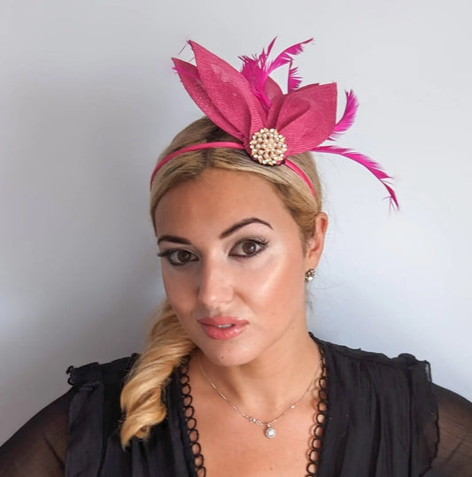 Fuchsia pink feather petal fan fascinator hat House of Hats
