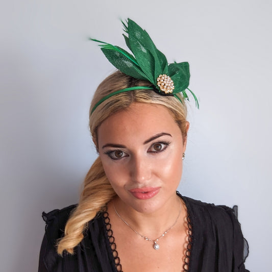 Shamrock green feather petal fan fascinator hat