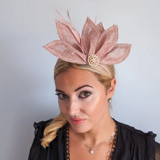 Blush pink feather petal fan fascinator hat House of Hats