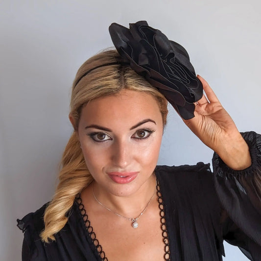 Large black satin rose fascinator hat House of Hats
