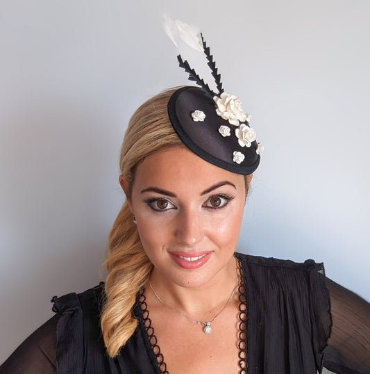 Black and white flower feather small fascinator hat
