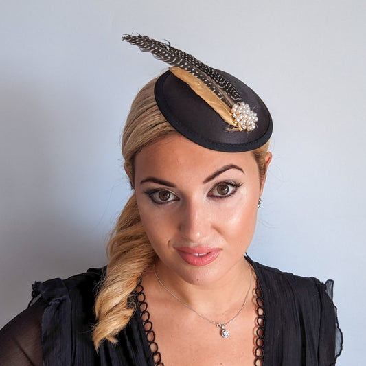 Black pheasant feather small satin fascinator  wedding hats uk