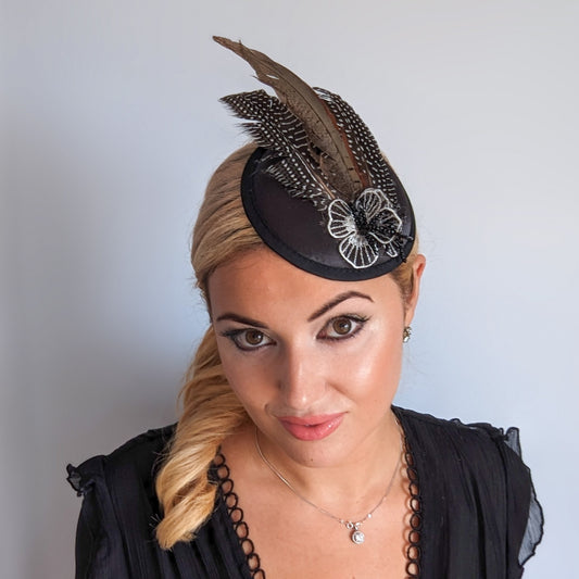 Black pheasant feather small satin fascinator  wedding hats uk