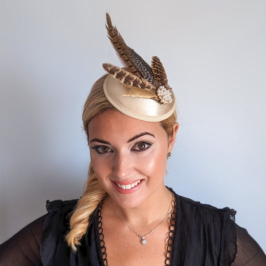 Champagne gold pheasant feather small satin fascinator wedding hats uk