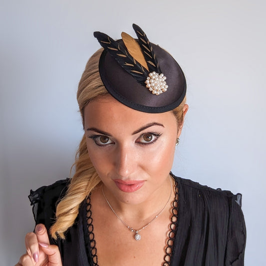 Black gold feather small satin fascinator  wedding hats uk