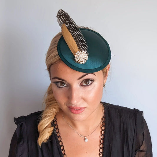 Bottle green pheasant feather small satin fascinator wedding hats uk House of Hats