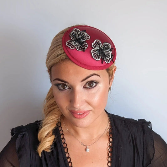 Burgundy red black crystal satin small fascinator wedding hats uk House of Hats