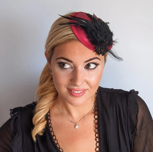 Burgundy red black crystal feather small satin fascinator hat House of Hats