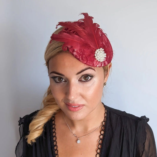 Burgundy lace crystal pearl feather small fascinator hat House of Hats