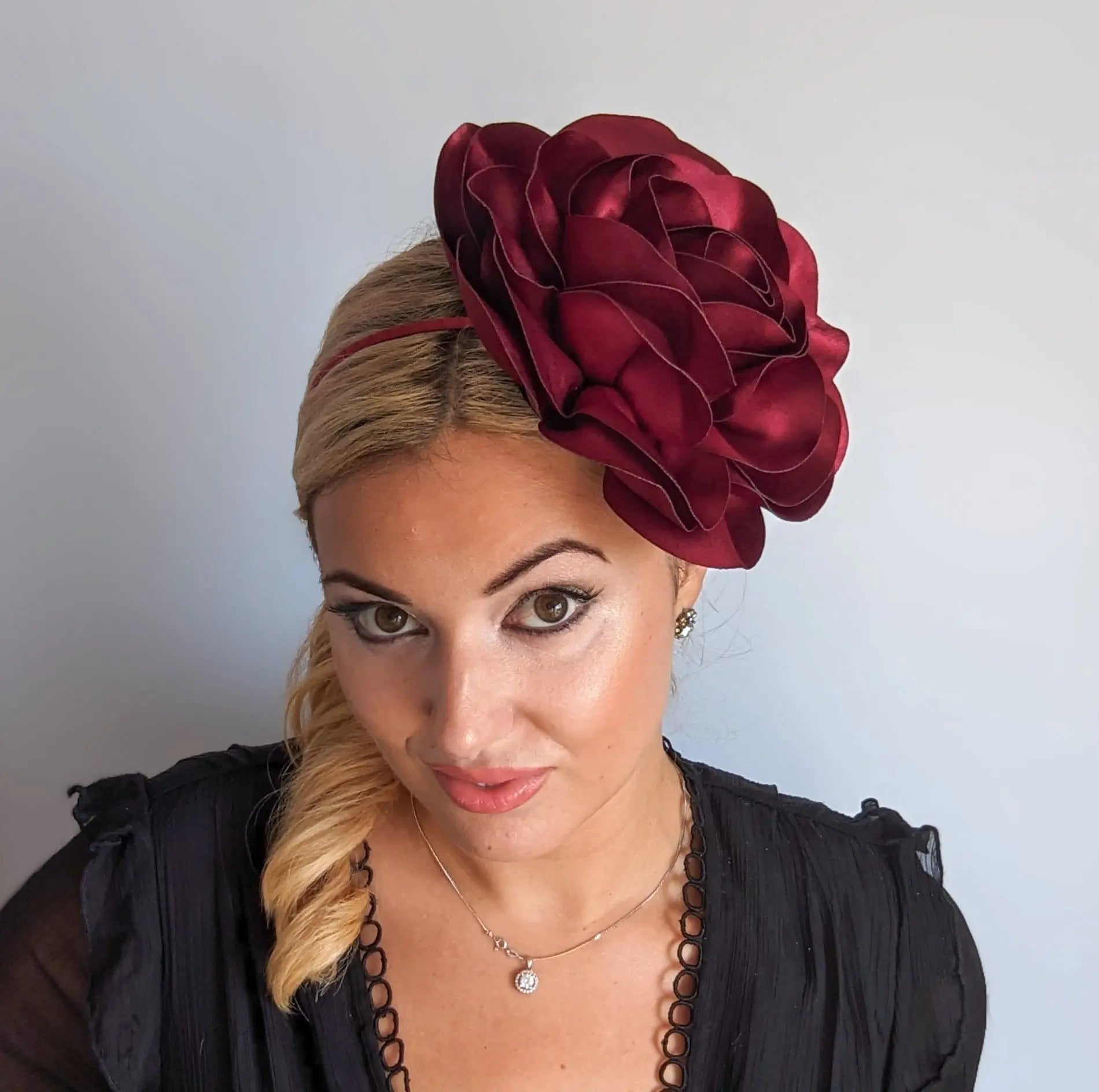 Large burgundy satin rose fascinator hat House of Hats