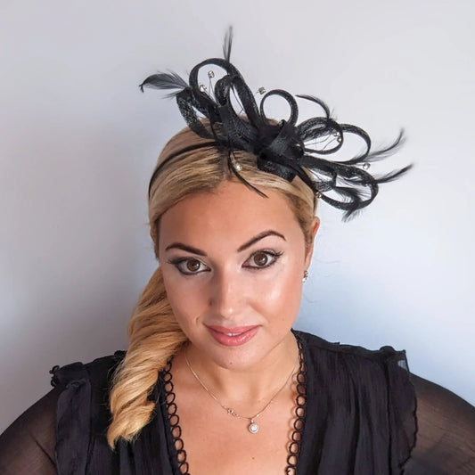 Black crystal feather fascinator hat House of Hats
