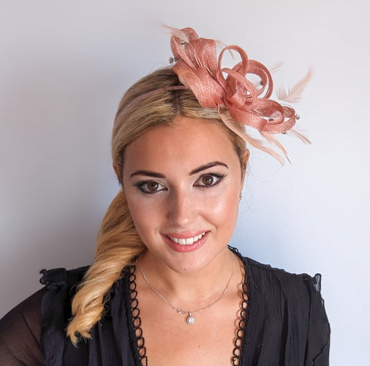 Dusty rose pink crystal feather fascinator hat