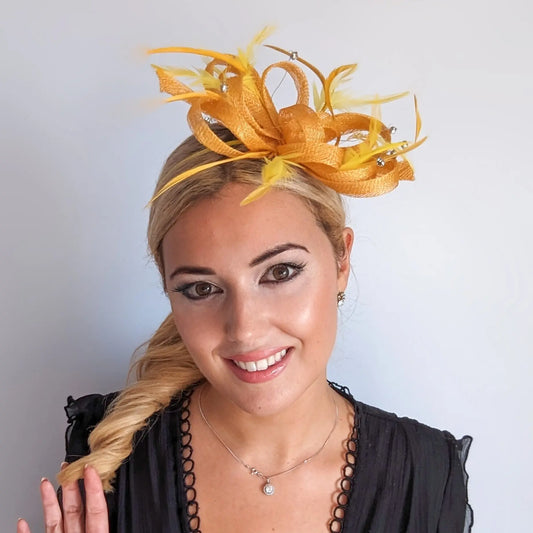 Mustard yellow crystal feather fascinator hat House of Hats