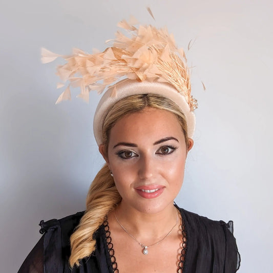 Champagne peach feather padded velvet headband fascinator House of Hats