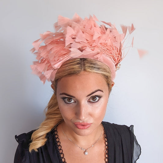 Dusty blush pink feather padded velvet headband fascinator