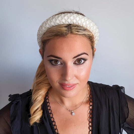 White beaded pearl padded headband fascinator House of Hats