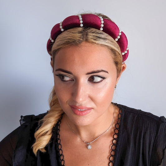 Burgundy pearl ruched padded velvet headband fascinator
